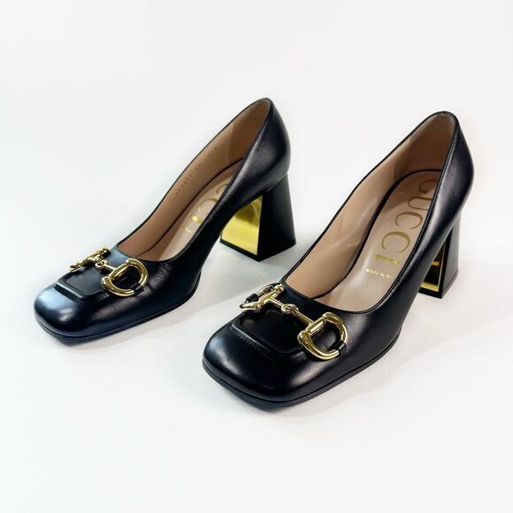 GUCCI Black Baby Bit Horsebit Square Toe Pump Size 40 US 10 Leather Block Heel - Picture 13 of 14